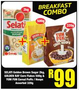 Selati Golden Brown Sugar 2Kg,Golden Ray Corn Flakes 500g & Yum Fun Cereal Puffs/Hoops 320g-Combo