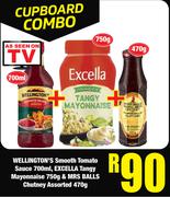 Wellington's Smooth Tomato Sauce 700ml,Excella Tangy Mayonnaise 750g & Mrs Balls Chutney 470g-Combo