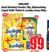 Sunlight Hand Washing Powder 2Kg, Dishwashing Liquid Refill 750ml & Laundry Soap 500g-Combo