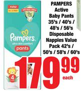 Pampers Avctive Baby Pants 35's/40's/48's/56's Disposable Nappies Value Pack 42'/50's/58's/60's-Each