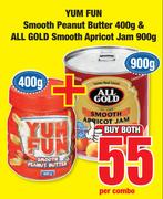Yum Fun Smooth Peanut Butter 400g & All Gold Smooth Apricot Jam 900g-Both For