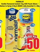 Parmalat Vanilla Flavoured Custard 1Kg,Koo Peach Slices/Halves In Syrup 410g & Moirs Jelly 2x80g-Per