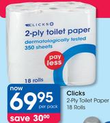 Clicks 2 Ply Toilet Paper 18 Rolls-Per Pack