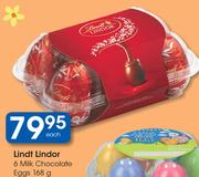 Lindt Lindor 6 Milk Chocolate Eggs-168g Each