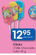 Clicks 3 milk Chocolate Lollys-30g Per Pack