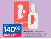 Benetton Colori Rosso Woman, Giallo, Verde Or Blue Man Eau De Toilette-30ml Each
