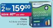 Clicks A-Z Body And Mind 60 Softgels-For 2