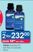 Clicks Essential Oil Tea Tree Or Lavender-2 x 50ml