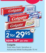 Colgate Total, Max Fresh, Sensitive Or Advanced White Toothpaste-2 x 75ml