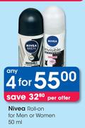 Nivea Roll On For Men Or Women-4 x 50ml