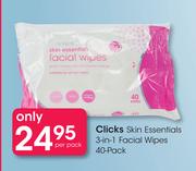 Clicks Skin Essentials 3 In 1 Facial Wipes 40 Pack-Per Pack