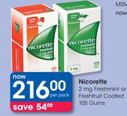 Nicorette 2 mg Freshmint Or Fresh Fruit Coated 105 Gums-Per Pack
