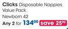 Clicks Disposable Nappies Value Pack Newborn 42-Any 2 packs