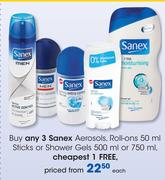 Sanex Aerosols, Roll-Ons-50ml Sticks Or Shower Gels-500ml Or 750ml Each