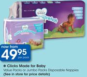 Clicks Made For Baby Value Packs Or Jumbo Packs Disposable Nappies-Per Pack