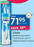 Clicks Battery-Operated Toothbrush With 2 Replacement Heads-Per Pack