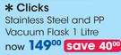 Clicks Stainless Steel And PP Vacuum Flask-1Ltr