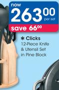 Clicks 12 Piece Knife & Utensil Set In Pine Block-Per Set