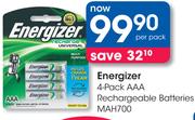 Energizer 4 Pack AAA Rechargeable Batteries MAH700-Per Pack