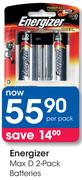 Energizer Max D 2 Pack Batteries-Per Pack