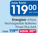 Energizer 4 Pack Rechargeable Batteries Power Plus AAA-Per Pack