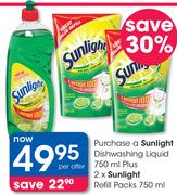 Sunlight Dishwashing Liquid 750ml+ 2x Sunlight Refill Packs 750ml-Per Offer