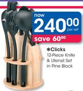 Clicks 12 Piece Knife & Utensil Set In Pine Block-Per Set