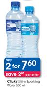 Clicks Still Or Sparkling Water-2x500ml