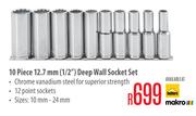 10 Piece 12.7mm (1/2") Deep Wall Socket Set