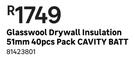 Cavity Batt Glasswool Drywall Insulation 51mm 40pcs Pack 81423801