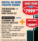 Jebson 5 Speaker Home Theatre Set SP90+Dixon 6 Channel HD Receiver Amplifier AV66B8HD