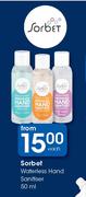 Sorbet Waterless Hand Sanitizer-50ml Each