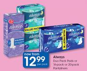 Always Duo Pack Pads Or 16 Pack Or 20 Pack Pantyliner-Per Pack