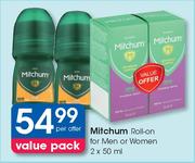 Mitchum Roll-On For Men Or Women-2x50ml Per Offer