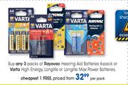 Rayovac Hearing Aid batteries 6 Pack Or Varta High Energy, Longlife Or Longlife Max Power Batteries