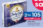 Baby Soft Supreme Quilts 2 Ply Toilet Paper 12 Rolls-For 2