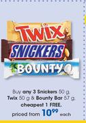 Snikers-50g, Twix-50g & Bounty Bar 57g-Each
