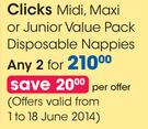 Clicks Midi, Maxi Or Junior Value Pack Disposable Nappies-2's Pack