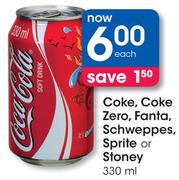 Coke, Coke Zero, Fanta, Schweppes, Sprite Or Stoney-330Ml