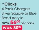 Clicks 4-Pack Chargers Silver Square Or Blue Bead Acrylic-Per Pack