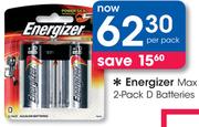 Energizer Max 2 Pack D Batteries-Per Pack