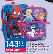 Disney Sofia, Spiderman Or Frozen Backpack Lunch Bag Combo-Per Set