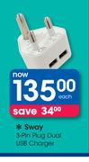 Sway 3 Pin Plug Dual USB Charger