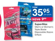 Super Max Men's Or Women's Triple Blade Disposable Razors 5 Pack-Per Pack