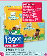 Clicks Dry Protect Jumbo Pack Disposable(Nappies Newborn 72, Maxi 68, Midi 74 Or Junior 56)-Per Pack
