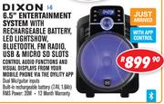 Dixon 6.5" Entertainment System With Rechargeable Battery, LED Lightshow, Bluetooth,FM Radio,USB I-6