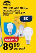 Radiant 6W LED A60 Globe RLL203BC/203ES Pack Of 10-Per Pack
