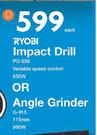 Ryobi Impact Drill PD-650 Or Angle Grinder G-915-Each