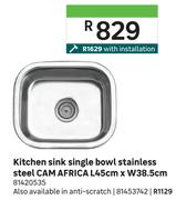 Cam Africa Kitchen Sink Single Bowl Stainless Steel L45cm x W38.5cm 81420535