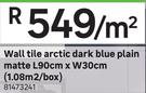 Wall Tile Arctic Dark Blue Plain Matte L90cm x W30cm (1.08 Sqm/Box) 81473241-Per Sqm